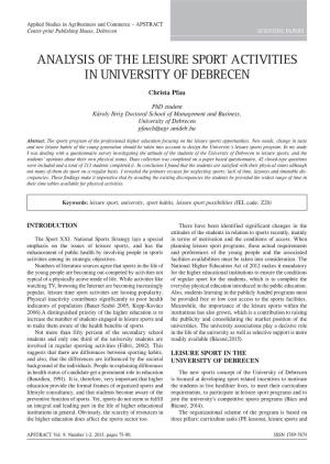 Analysis of the Leisure Sport Activities in University of Debrecen Christa Pfau