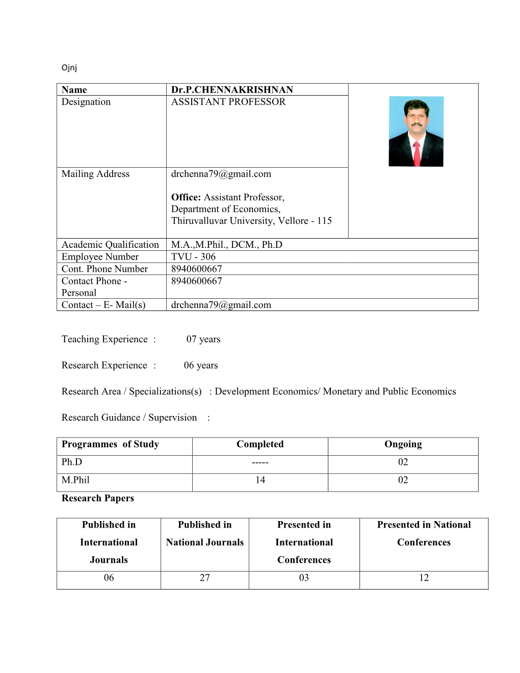 Name Dr.P.CHENNAKRISHNAN Designation ASSISTANT PROFESSOR