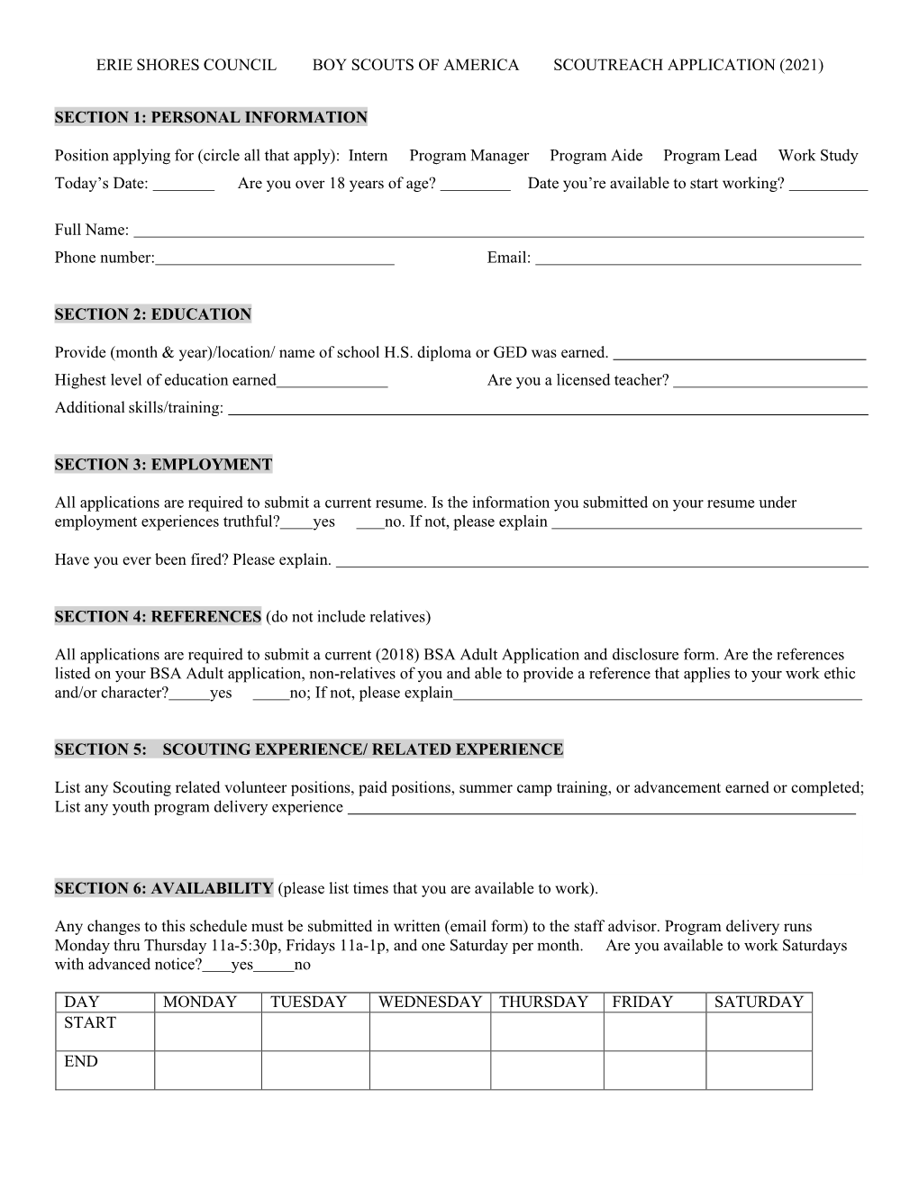 Erie Shores Council Boy Scouts of America Scoutreach Application (2021)