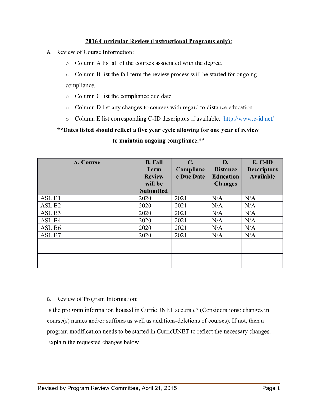 2016 Curricular Review (Instructional Programs Only)