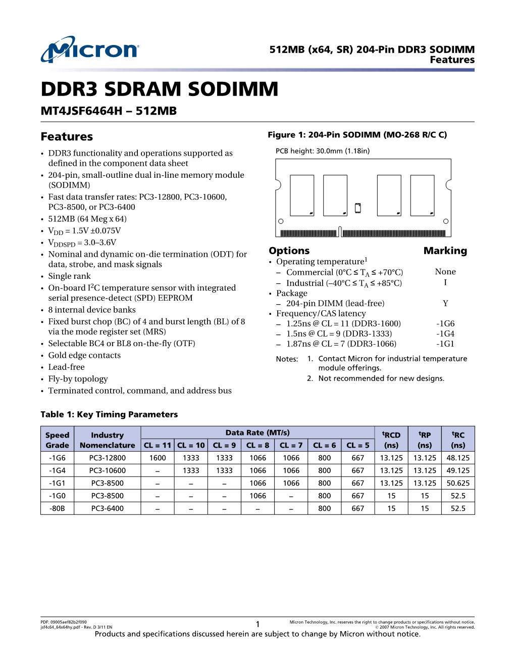 512MB (X64, SR) 204-Pin DDR3 SODIMM Features DDR3 SDRAM SODIMM MT4JSF6464H – 512MB