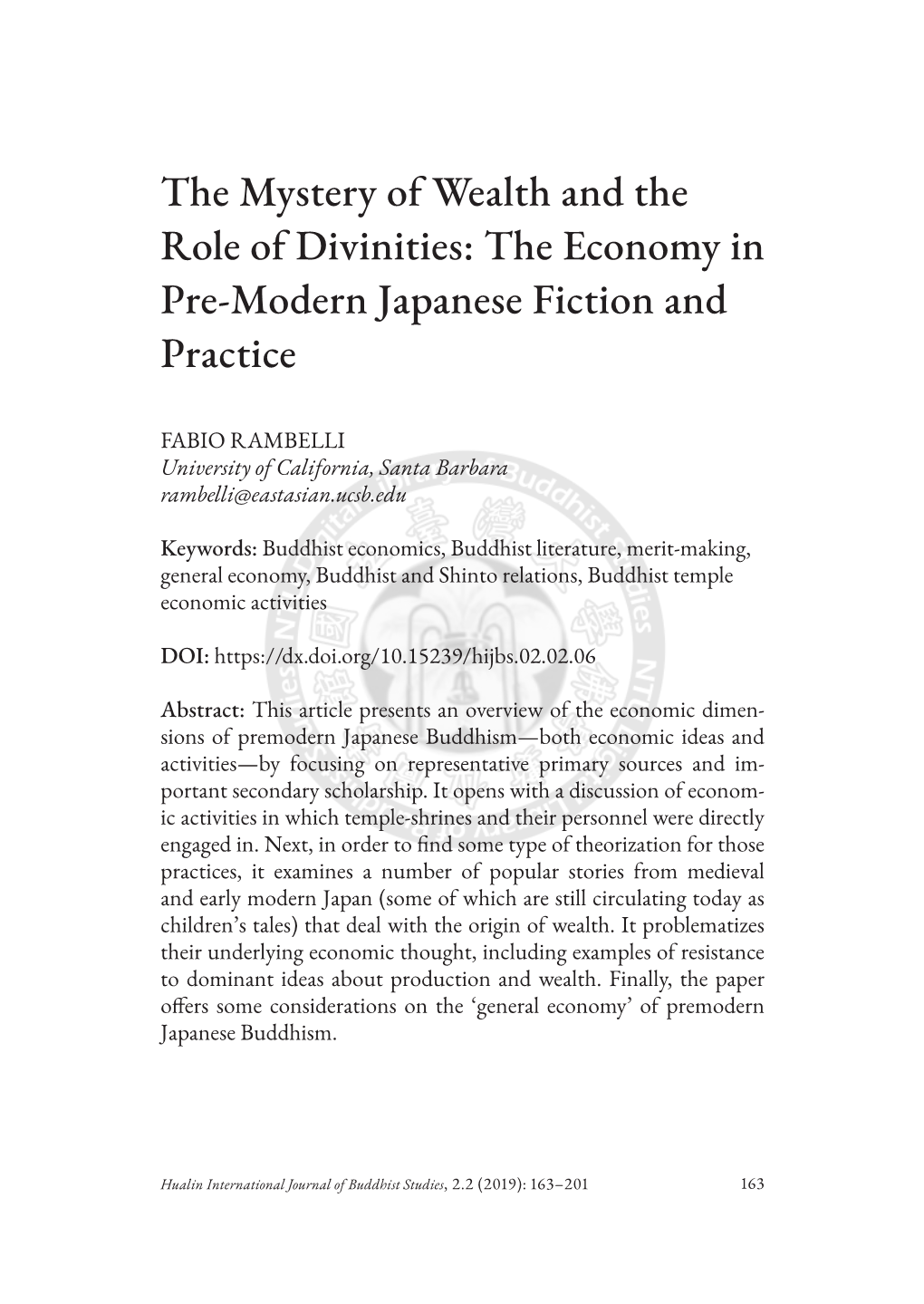 The Mystery of Wealth and the Role of Divinities: the Economy in Pre-Modern Japanese Fiction and Practice