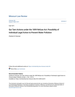 Qui Tam Actions Under the 1899 Refuse Act: Possibility of Individual Legal Action to Prevent Water Pollution