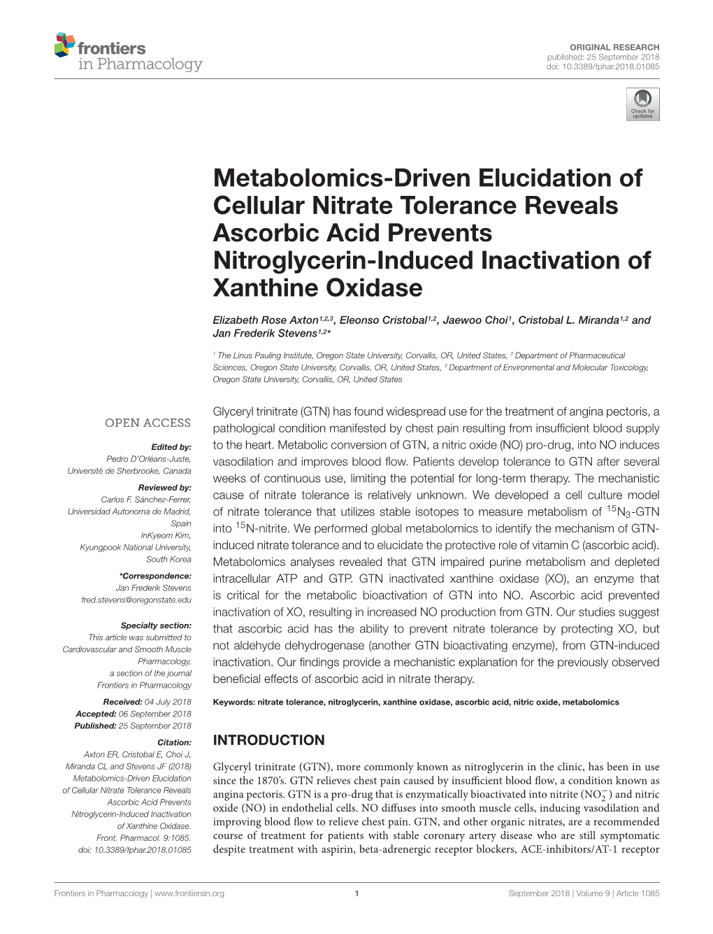 Metabolomics-Driven Elucidation of Cellular Nitrate Tolerance Reveals Ascorbic Acid Prevents Nitroglycerin-Induced Inactivation of Xanthine Oxidase