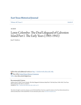 Leroy Colombo: the Ed Af Lifeguard of Galveston Island Part I: the Ae Rly Years (1905-1943) Jean F