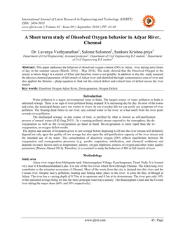 A Short Term Study of Dissolved Oxygen Behavior in Adyar River, Chennai