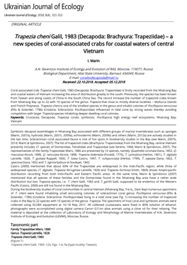 Trapezia Cheni Galil, 1983 (Decapoda: Brachyura: Trapeziidae) – a New Species of Coral-Associated Crabs for Coastal Waters of Central Vietnam