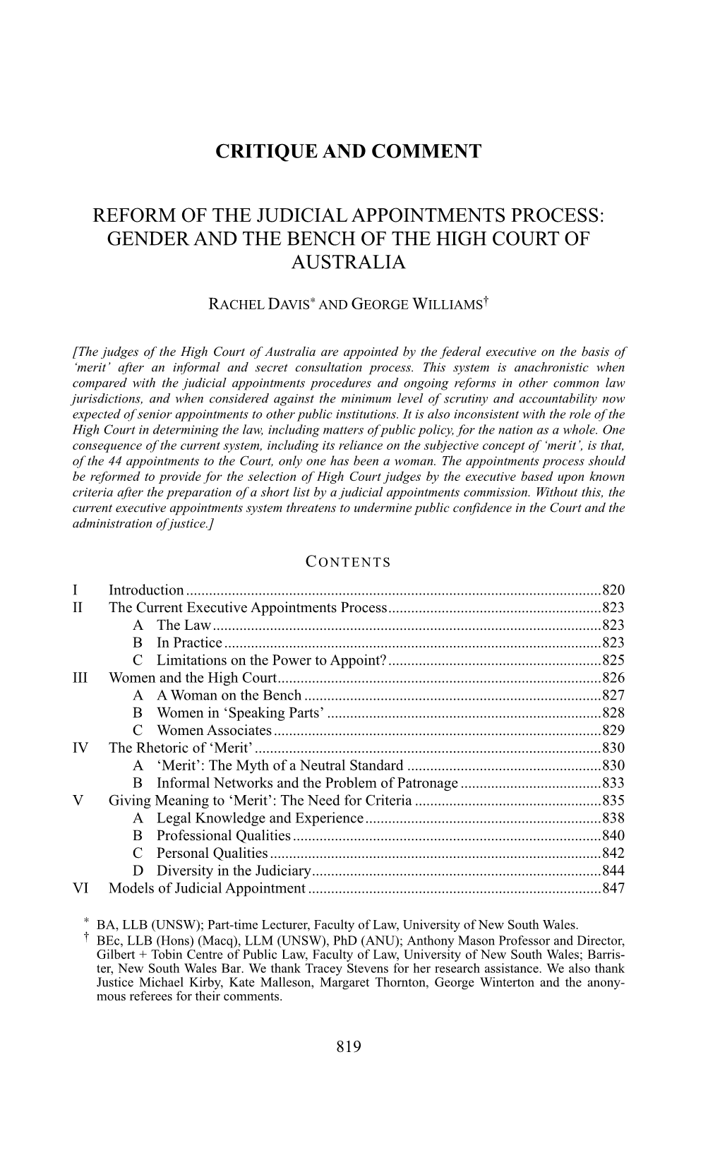 Critique and Comment Reform of the Judicial Appointments Process