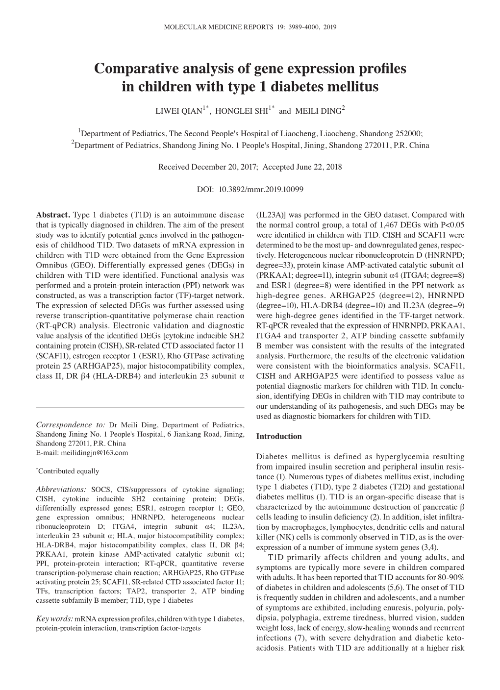 Comparative Analysis of Gene Expression Profiles in Children with Type 1 Diabetes Mellitus