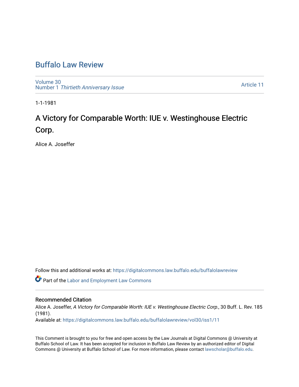 A Victory for Comparable Worth: IUE V. Westinghouse Electric Corp