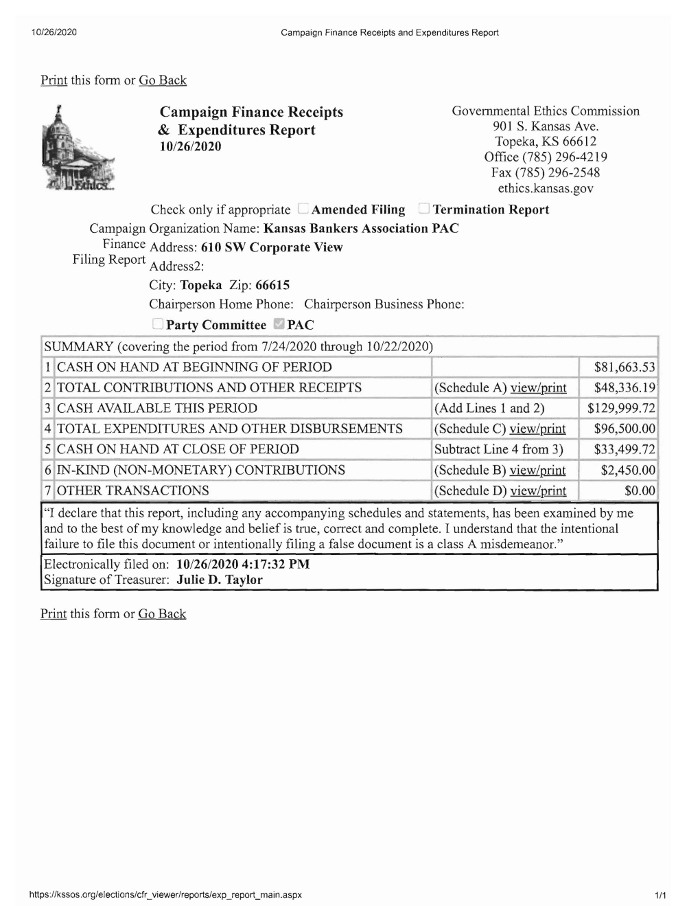 Campaign Finance Receipts & Expenditures Report