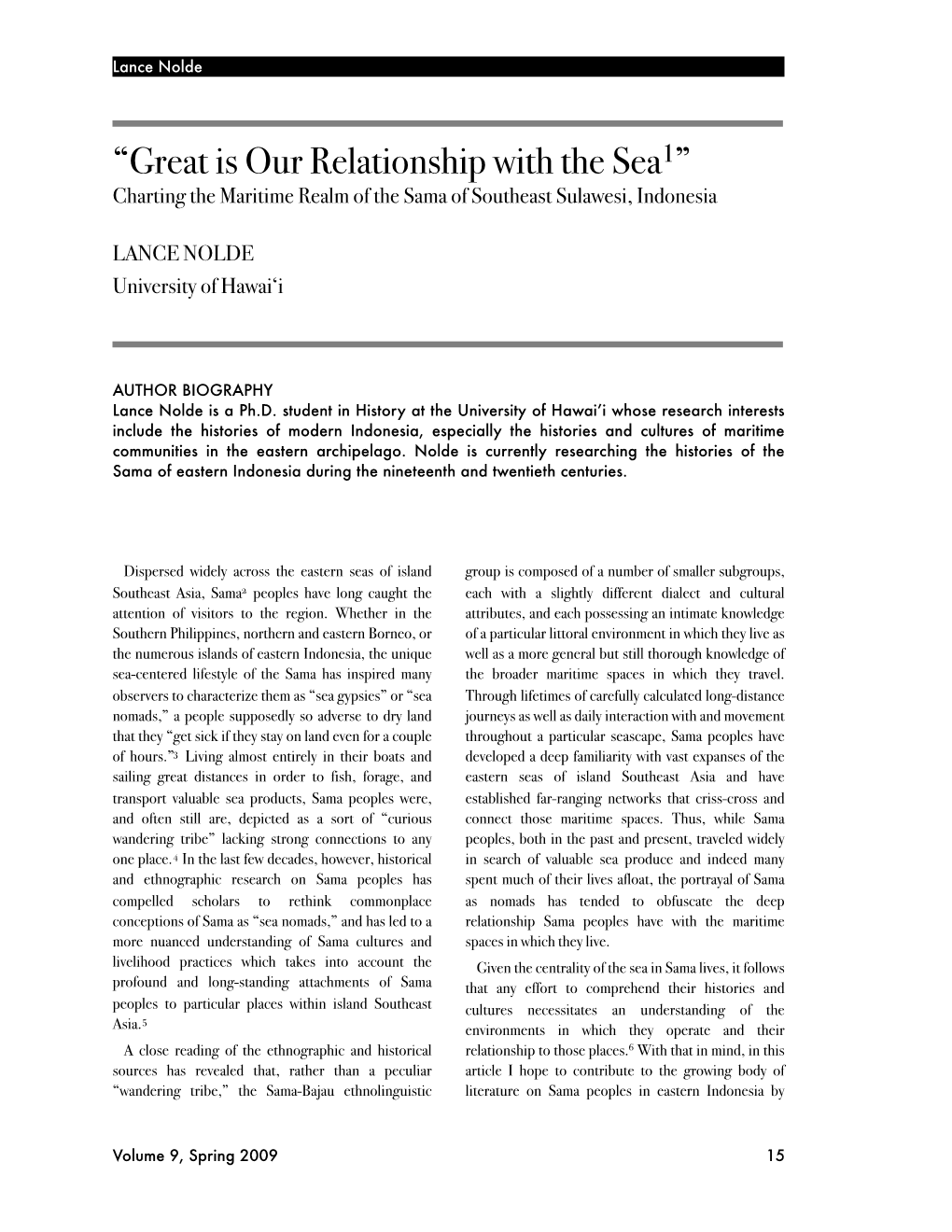 “Great Is Our Relationship with the Sea1” Charting the Maritime Realm of the Sama of Southeast Sulawesi, Indonesia