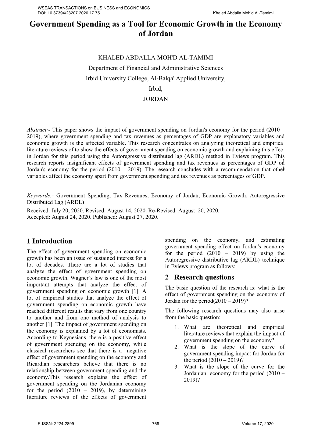 Government Spending As a Tool for Economic Growth in the Economy of Jord an of Jordan