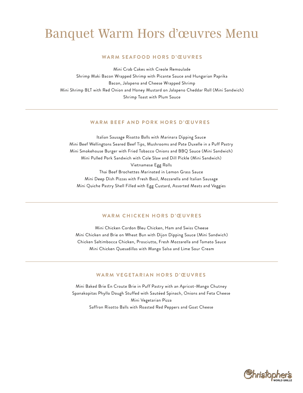 Hors D' Oeuvres Banquet Menu