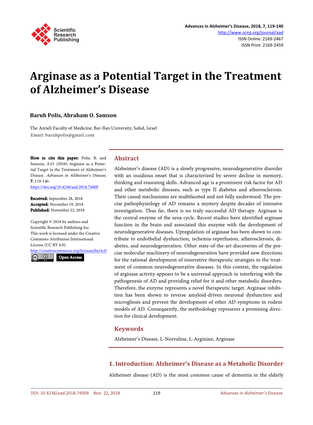 Arginase As a Potential Target in the Treatment of Alzheimer's Disease