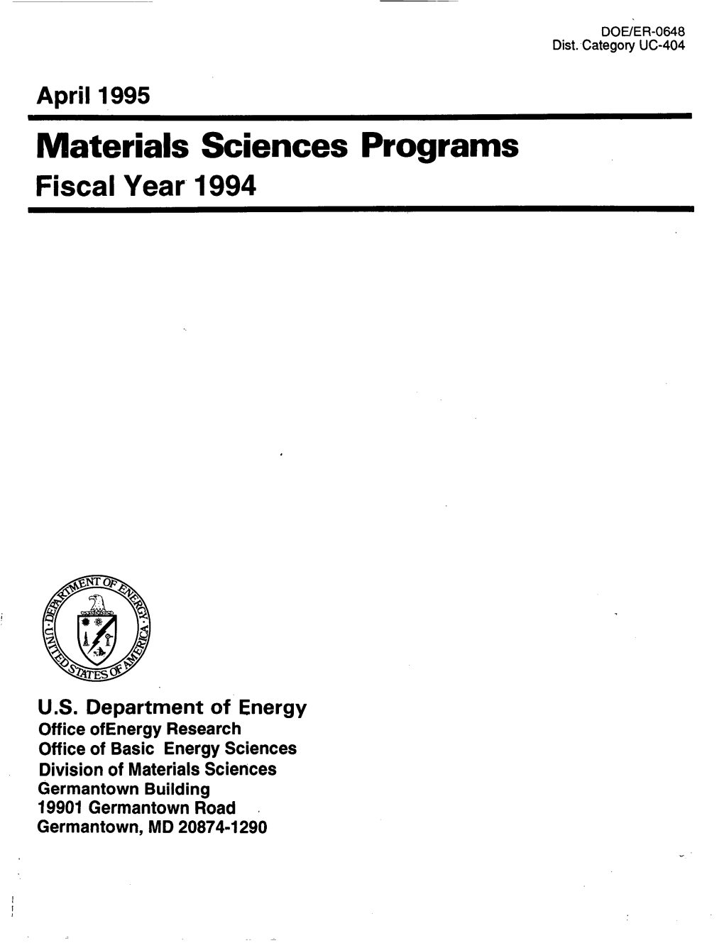 Materials Sciences Programs Fiscal Year 1994