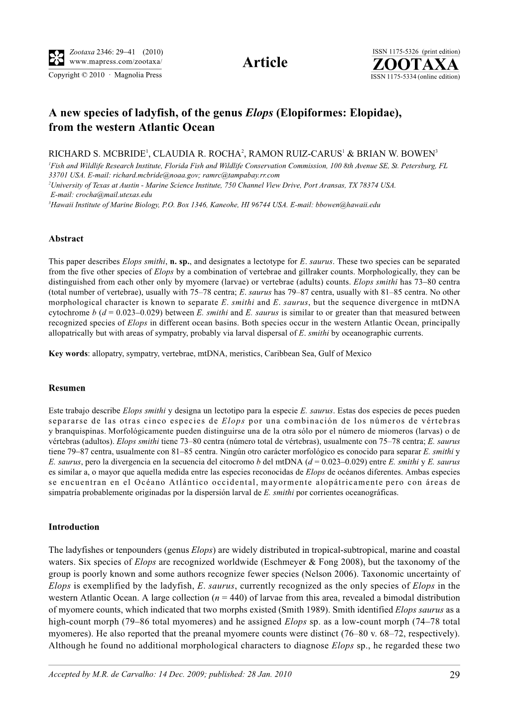 Zootaxa, a New Species of Ladyfish, of the Genus Elops