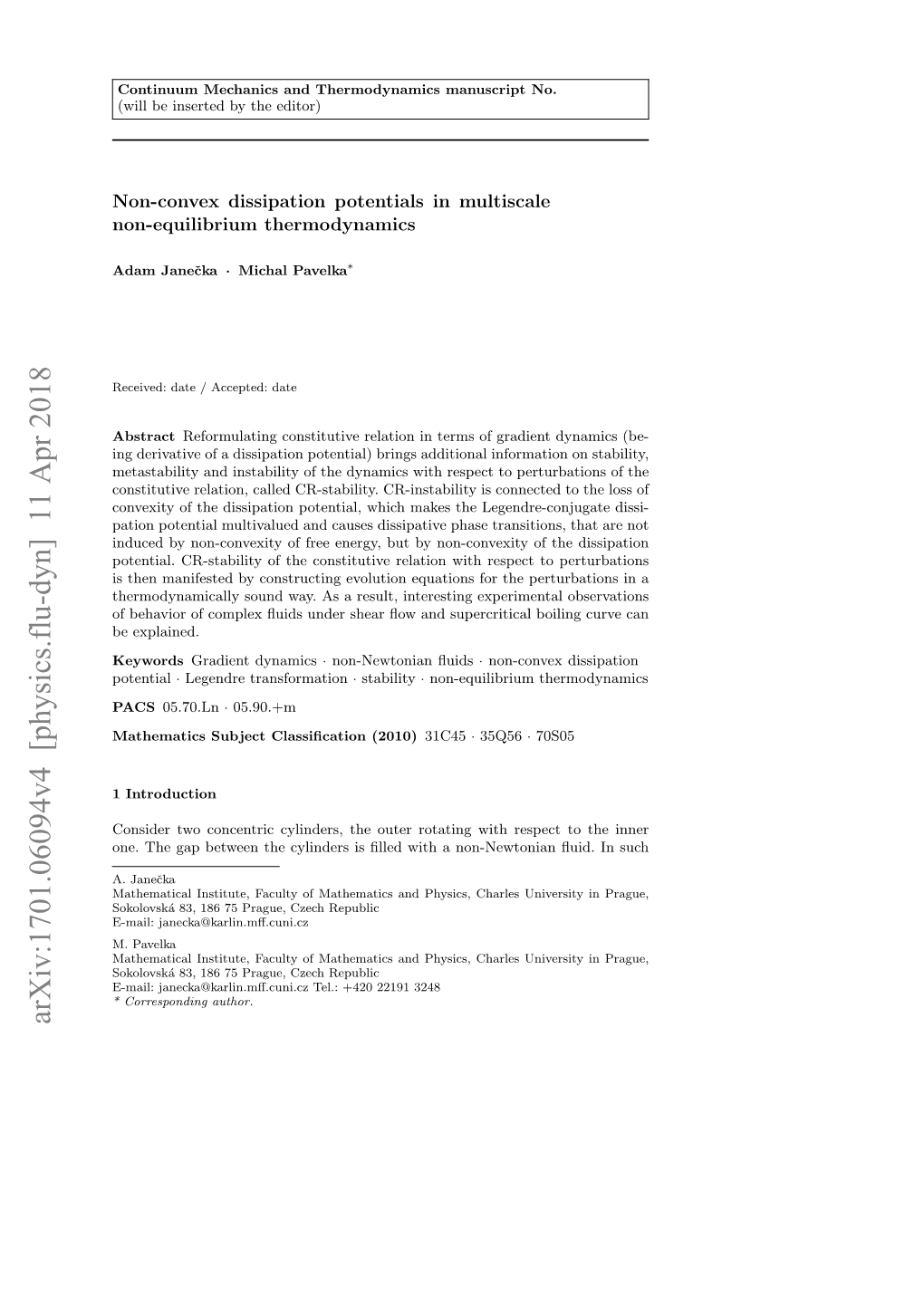 Arxiv:1701.06094V4 [Physics.Flu-Dyn] 11 Apr 2018 2 Adam Janeˇcka, Michal Pavelka∗