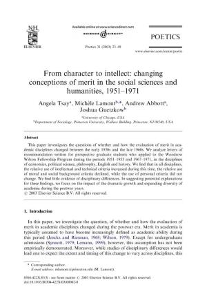 From Character to Intellect: Changing Conceptions of Merit in the Social Sciences and Humanities, 1951–1971