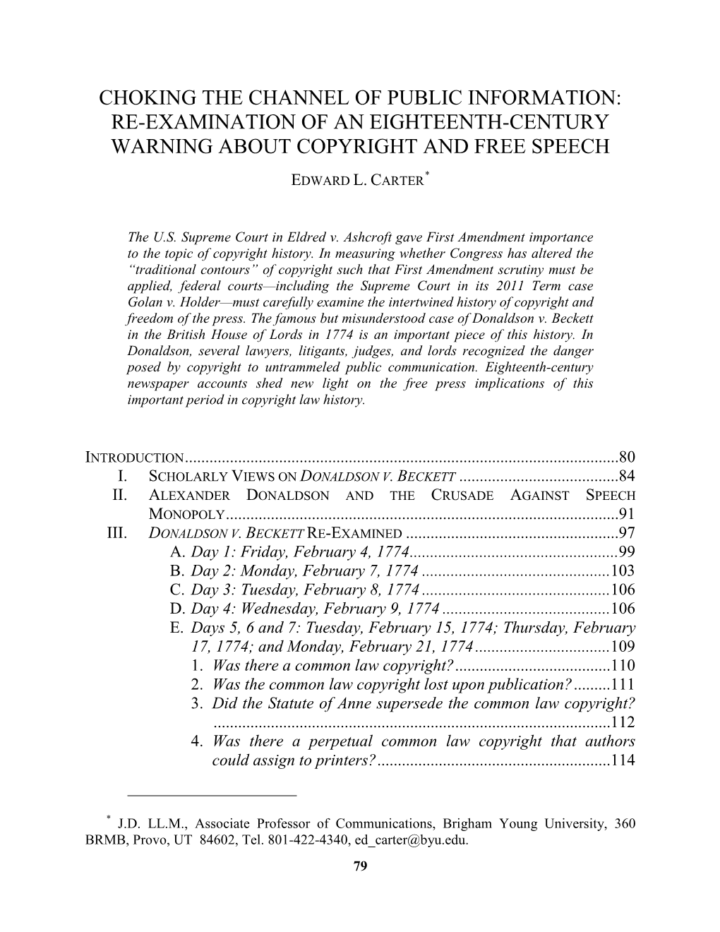 Choking the Channel of Public Information: Re-Examination of an Eighteenth-Century Warning About Copyright and Free Speech