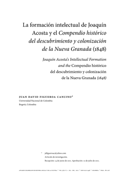 La Formación Intelectual De Joaquín Acosta Y El Compendio Histórico Del Descubrimiento Y Colonización De La Nueva Granada (1848)