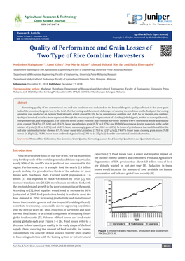 Quality of Performance and Grain Losses of Two Type of Rice Combine Harvesters