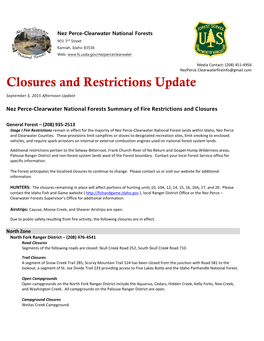 Closures and Restrictions Update