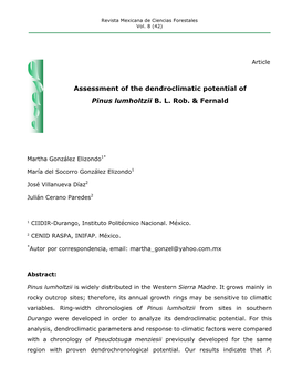 Assessment of the Dendroclimatic Potential of Pinus Lumholtzii B. L. Rob. & Fernald