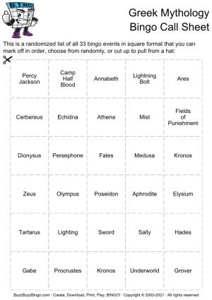 Greek Mythology Bingo Call Sheet
