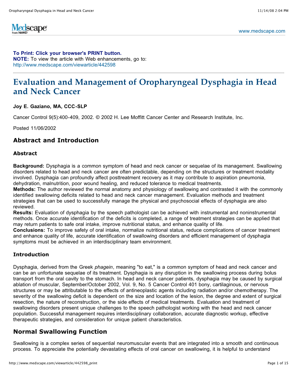 Oropharyngeal Dysphagia in Head and Neck Cancer 11/14/08 2:04 PM