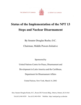 Status of the Implementation of the NPT 13 Steps and Nuclear Disarmament