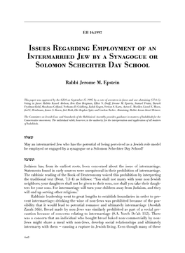 Issues REGARDING EMPLOYMENT of an INTERMARRIED Jew by a SYNAGOGUE OR Solomon Schechter DAY School