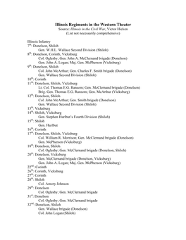 Illinois Regiments in the Western Theater Source: Illinois in the Civil War, Victor Hicken (List Not Necessarily Comprehensive)