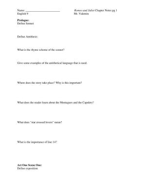 Romeo and Juliet Chapter Notes Pg 1 English 9 Mr. Valentin Prologue