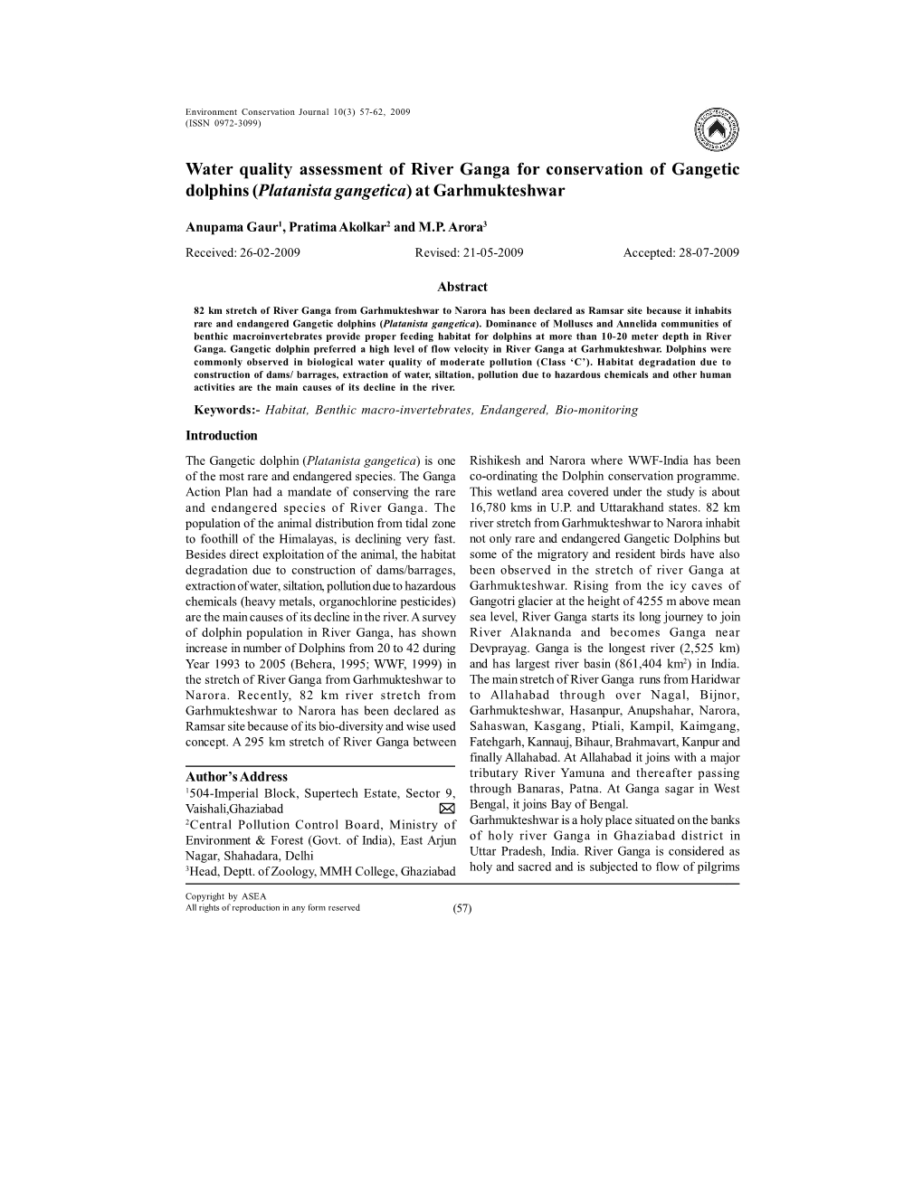 Water Quality Assessment of River Ganga for Conservation of Gangetic Dolphins ( Platanista Gangetica ) at Garhmukteshwar