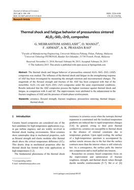 Thermal Shock and Fatigue Behavior of Pressureless Sintered Al2o3–Sio2–Zro2 (ASZ) Composites Was Studied