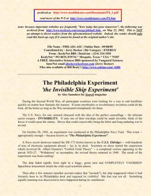 The Philadelphia Experiment 'The Invisible Ship Experiment' by Alex Saunders for Search Magazine