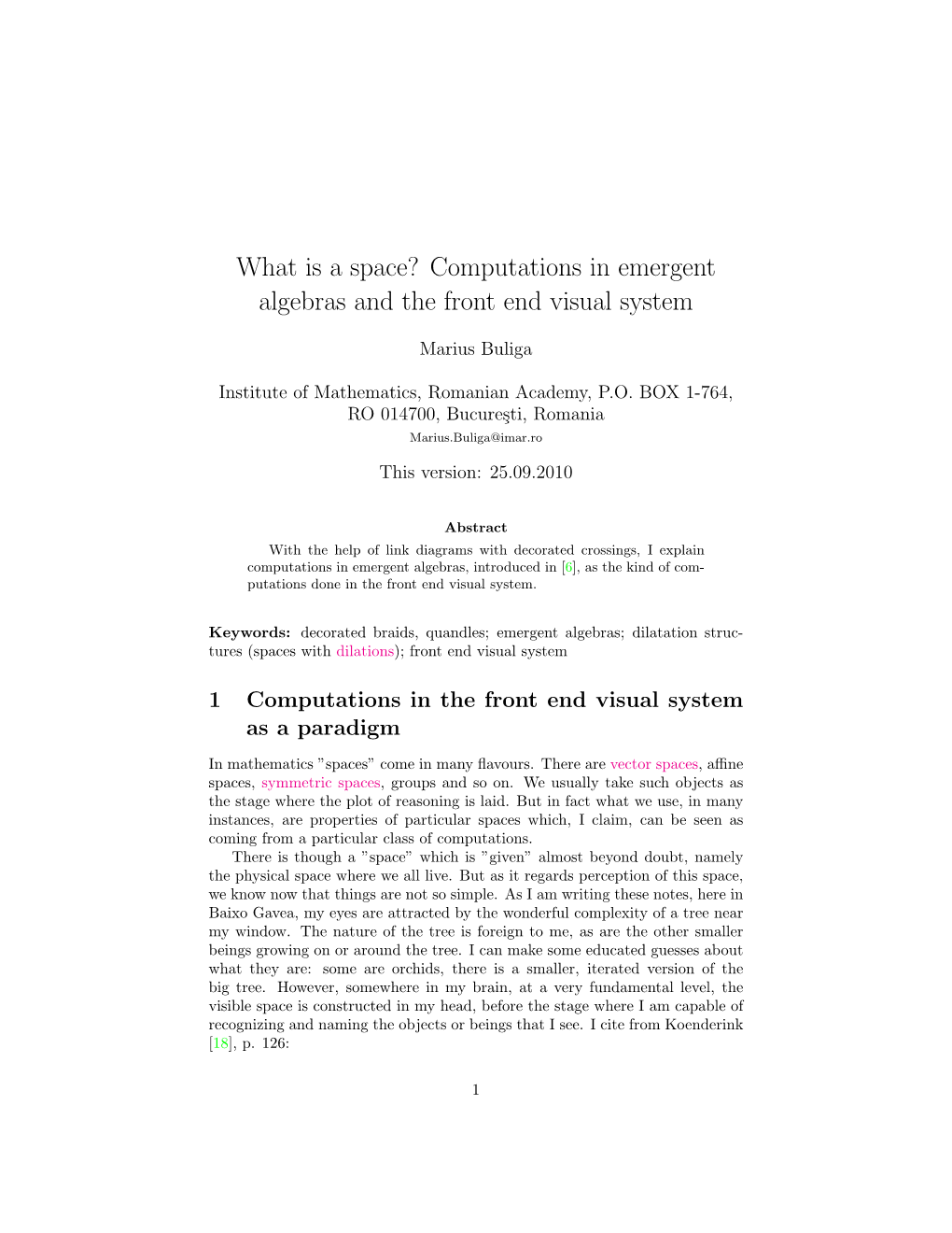 Computations in Emergent Algebras and the Front End Visual System