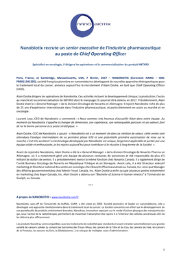 Nanobiotix Recrute Un Senior Executive De L'industrie Pharmaceutique Au