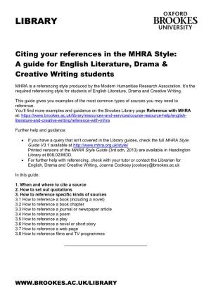 Citing Your References in the MHRA Style: a Guide for English Literature, Drama & Creative Writing Students