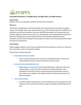 Sustainable Horticulture: the Right Plants, the Right Places, the Right Practices Requirement: Educate Visitors on Sustainable, Synthetic Chemical-Free Horticulture