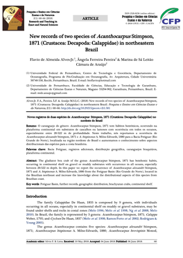 New Records of Two Species of Acanthocarpus Stimpson, 1871 (Crustacea: Decapoda: Calappidae) in Northeastern Brazil