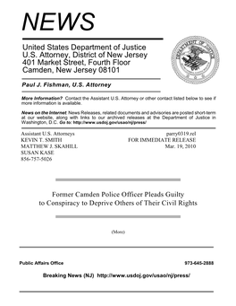 United States Department of Justice U.S. Attorney, District of New Jersey 401 Market Street, Fourth Floor Camden, New Jersey 08101
