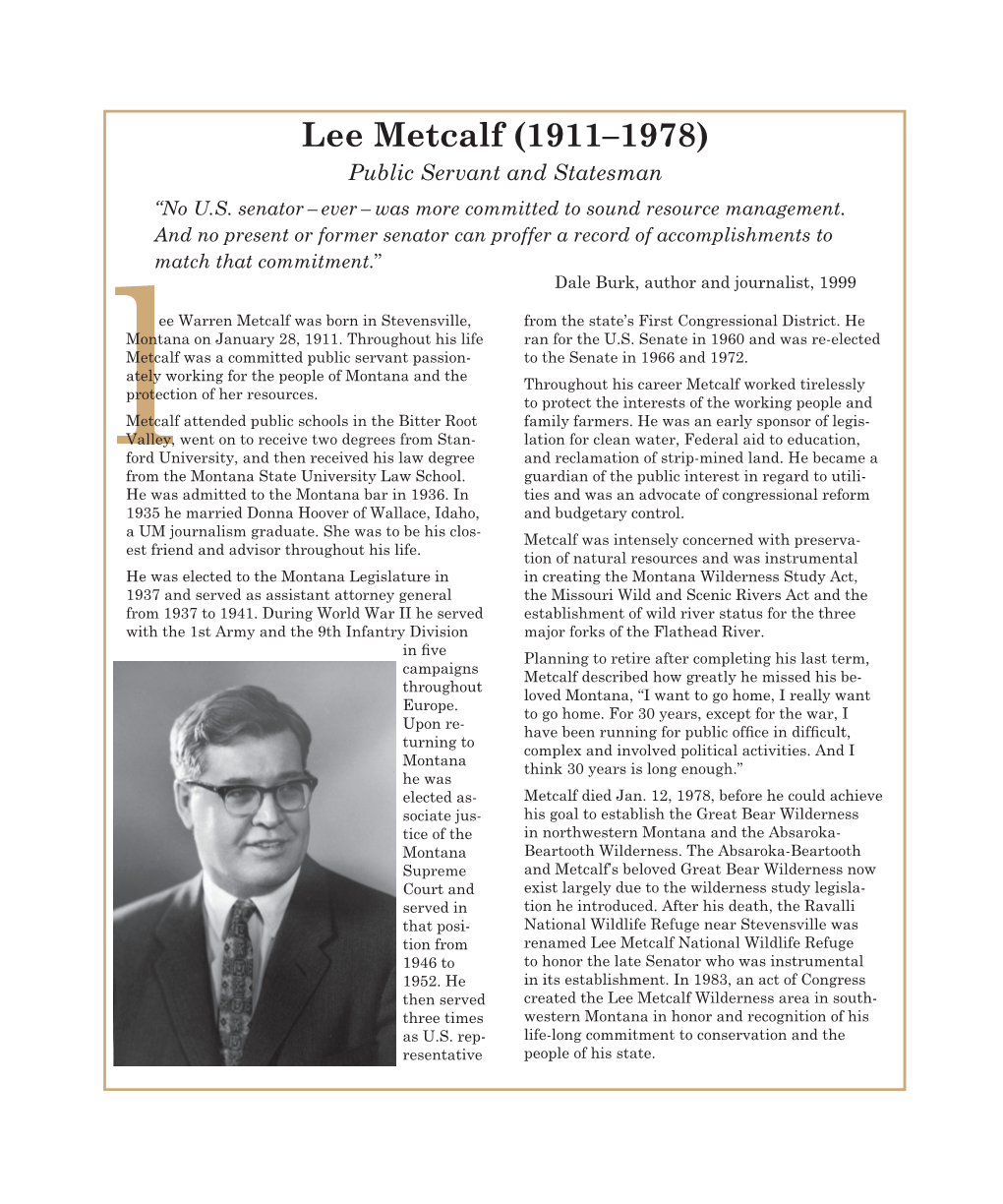Lee Metcalf (1911–1978) Public Servant and Statesman “No U.S