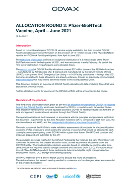 ALLOCATION ROUND 3: Pfizer-Biontech Vaccine, April – June 2021