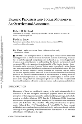 FRAMING PROCESSES and SOCIAL MOVEMENTS: an Overview and Assessment