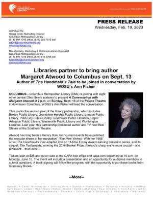 Libraries Partner to Bring Author Margaret Atwood to Columbus on Sept