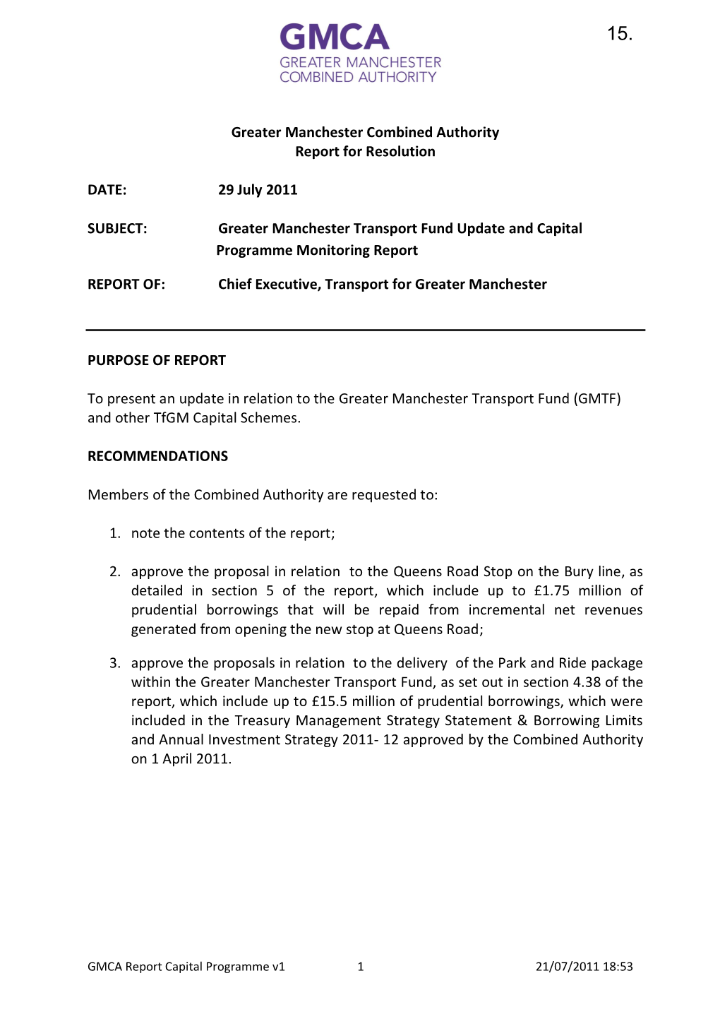 Greater Manchester Transport Fund Update and Capital Programme Monitoring Report