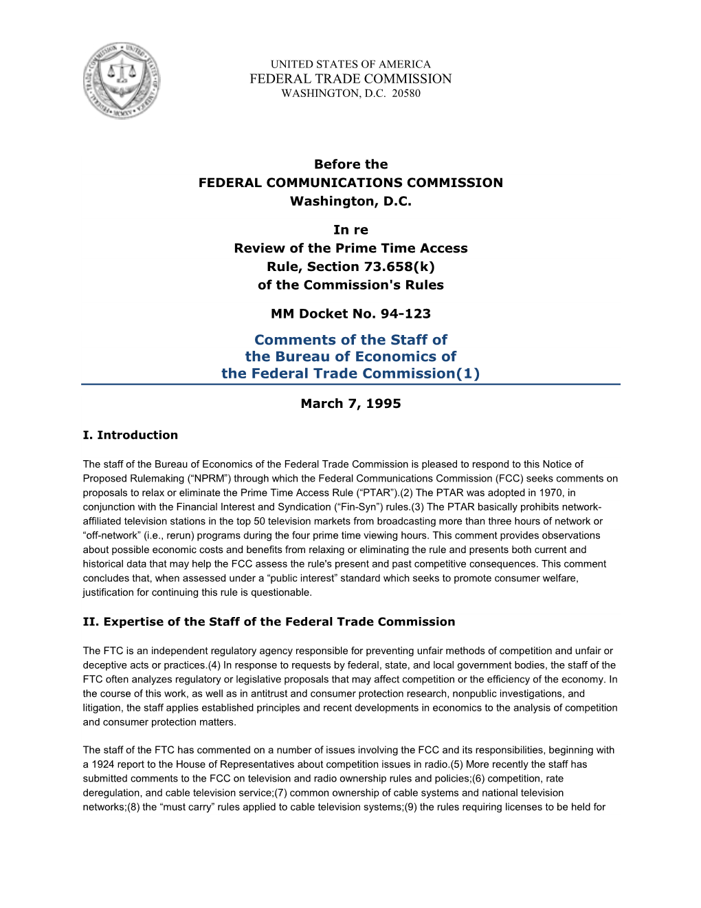 FTC Staff Comment Before the Federal Communications