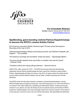 For Immediate Release Spellbinding, Genre-Bending Violinist Patricia